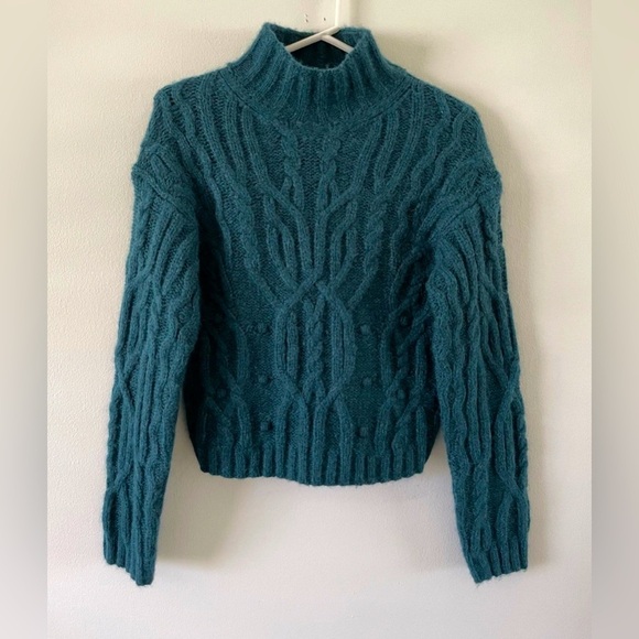 VINCE Alpaca Wool Sweater Dark mock neck cable knit Malachite Teal Size XS - Picture 3 of 8